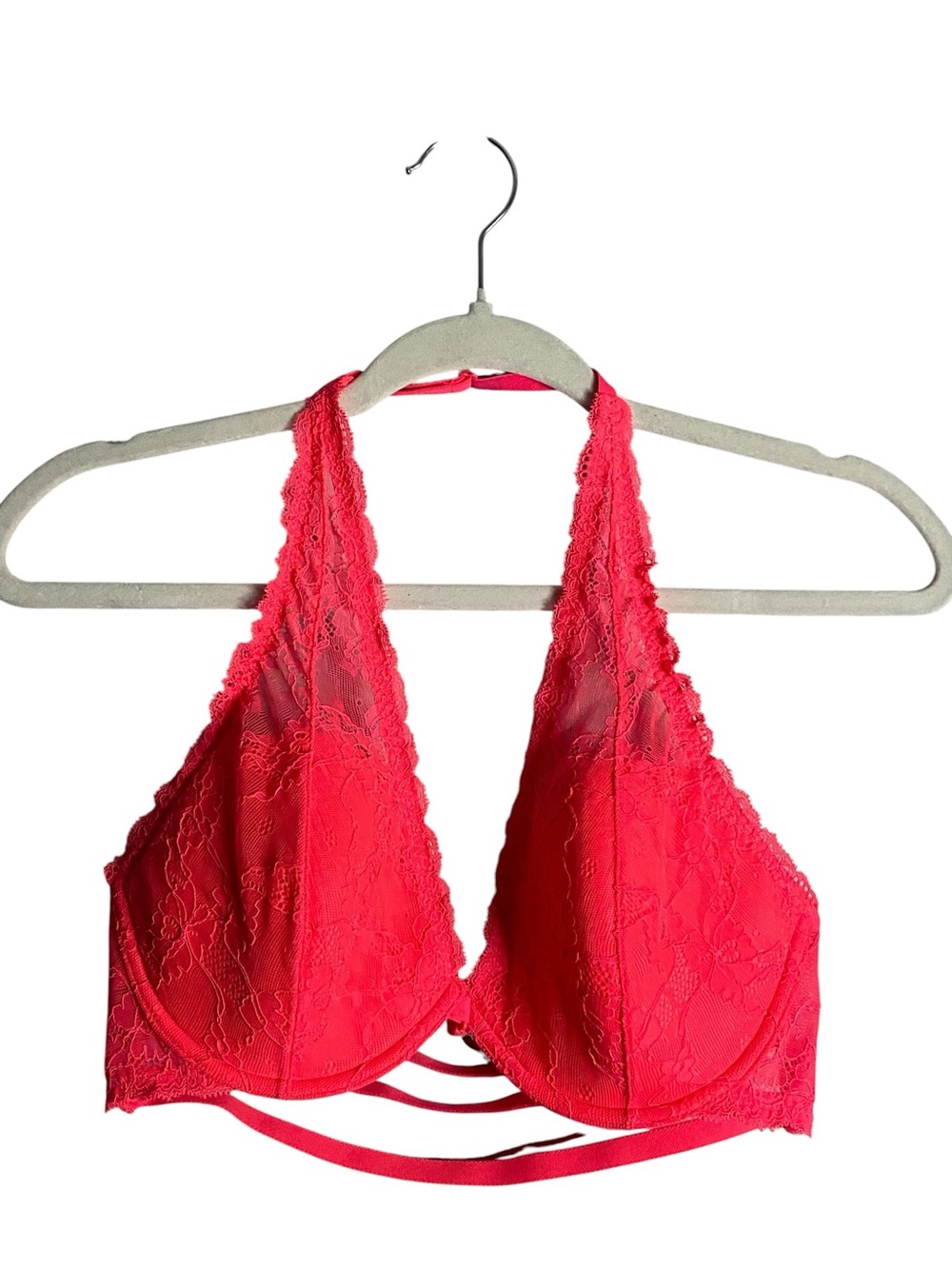 La Senza Women's Bright Pink Lace Underwire Halter Strappy Bralette